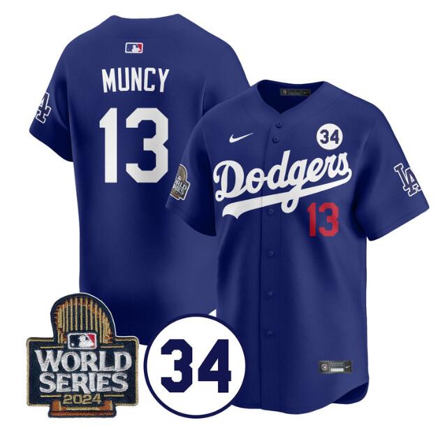 Men's Los Angeles Dodgers #13 Max Muncy Royal 2024 World Series With No. 34 Patch Limited Stitched Baseball Jersey Men's Los Angeles Dodgers #13 Max Muncy Royal 2024 World Series With No. 34 Patch Limited Stitched Baseball Jersey